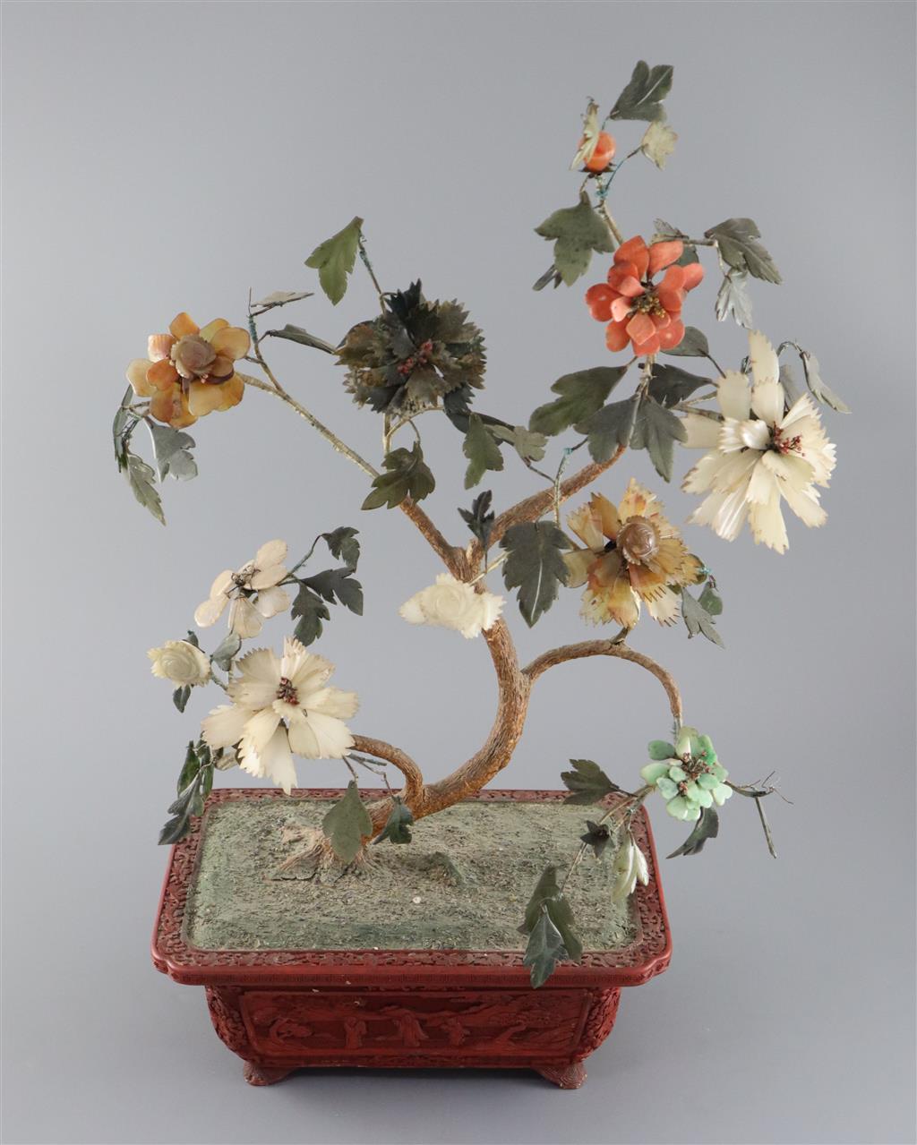 A Chinese jade and hardstone model of a tree, 19th century, total height 58cm